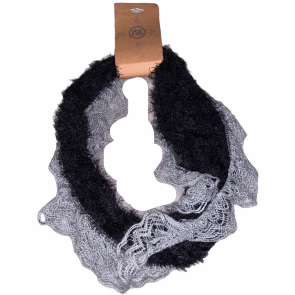 Fuzzy Black & Grey Lace Infinity Scarf